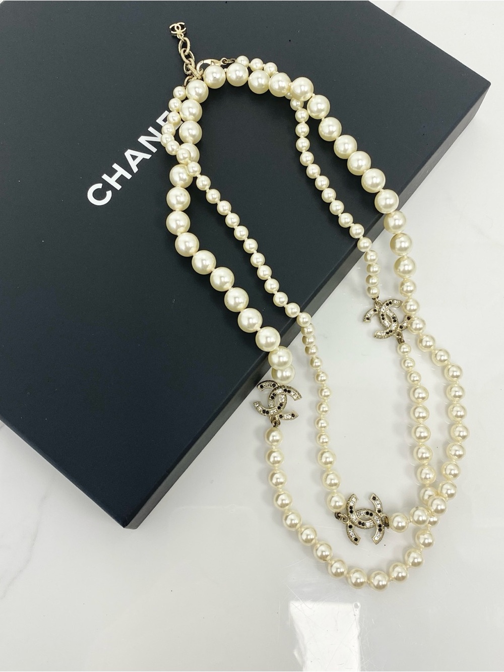 Chanel Classic CC Crystal Double Strand Necklace with Pearl